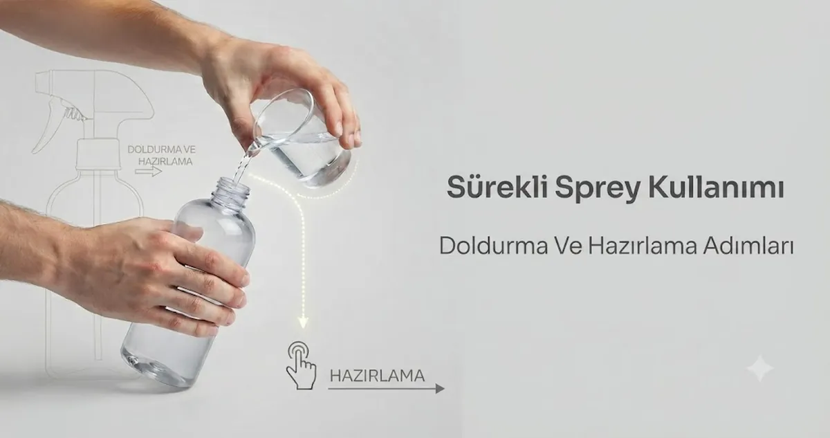 Kullanımdan önce sürekli püskürtmeli sprey şişesini dolduran ve mekanizmasını hazırlayan eller