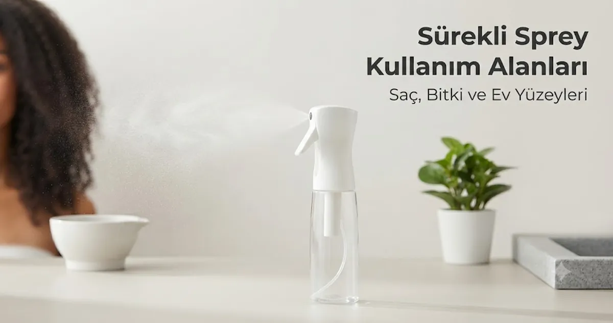 Saçta, bitkilerde ve ev yüzeylerinde kullanılan sürekli püskürtmeli sprey şişesi