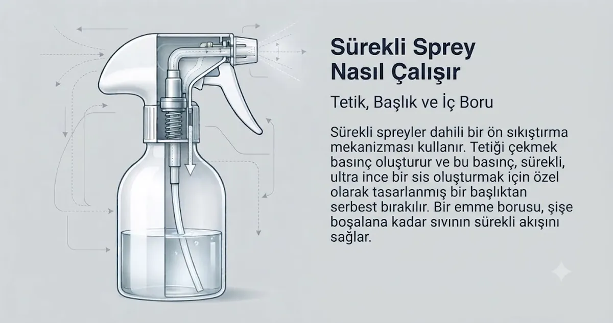 Sürekli püskürtmeli sprey şişesinin tetik, başlık ve iç emiş borusu kesiti