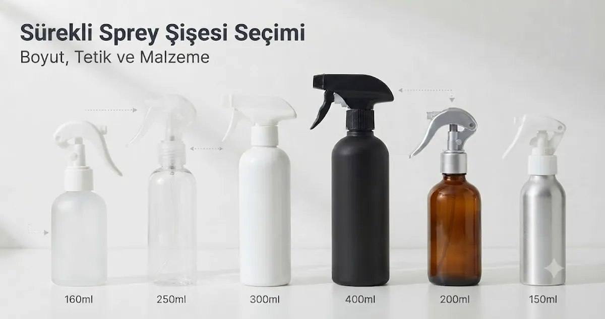 Boyut, tetik şekli ve malzemeye göre karşılaştırılan sürekli püskürtmeli sprey şişeleri