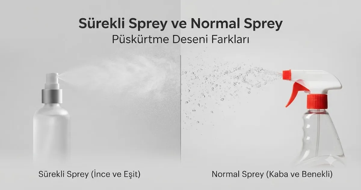 Farklı püskürtme desenlerine sahip sürekli püskürtmeli ve normal tetikli sprey şişeleri