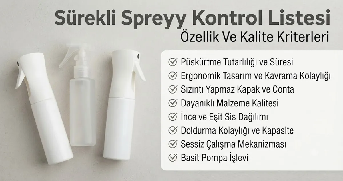 Özellik ve kalite kontrol listesinin yanında sıralanmış sürekli püskürtmeli sprey şişeleri