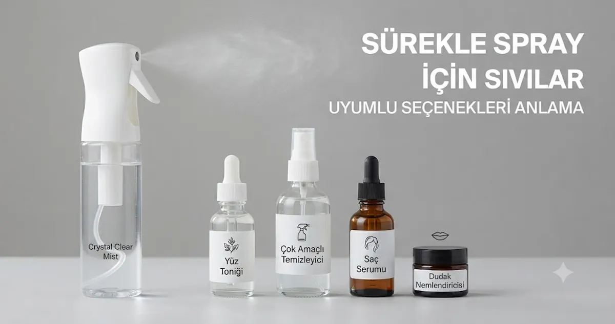 Uyumlu sıvı kaplarının yanında duran sürekli püskürtmeli sprey şişesi