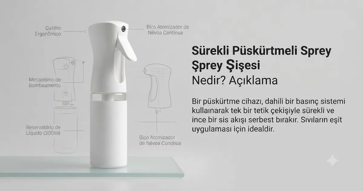 Gövdesi, tetiği ve ince sis başlığı görünen sürekli püskürtmeli sprey şişesi
